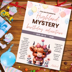 Hochland-Kühe Einladung für Kinder| Mädchen Highland Kühe Geheimnis Geburtstagseinladung | Detektivspiel Einladen für Kinder| Canva Bearbeitbar