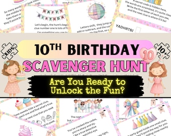 10th Birthday Scavenger Hunt for Kids | Birthday Treasure Hunt with Clues | Printable Game for Girls | Escape Room Style Puzzles | Ages 10+