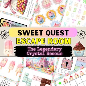 Può includere: Un gioco di escape room colorato per bambini con un tema dolce. Il gioco si chiama "Sweet Quest: Escape Room - The Legendary Crystal Rescue". Il gioco include una varietà di puzzle e sfide, come una ricerca di parole, un labirinto e un puzzle logico.