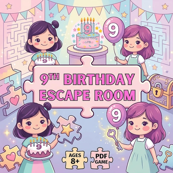 9th Birthday Escape Room for Kids | Printable Escape Room Game for Girls |  Girls 9th Party Activity Kit | Easy Birthday Kids Escape Room