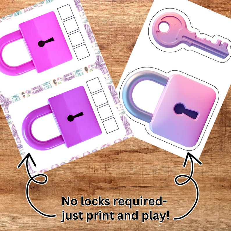 May include: Printable lock and key game for kids. The game features two purple locks and a key. The text "No locks required - just print and play!" is at the bottom of the image.