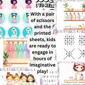 May include: A set of printable spa-themed activity sheets for kids. The sheets feature images of girls wearing spa robes and face masks, along with a spa-themed word search puzzle. The text on the page reads "AVA JALA VETO RELA Be With a pair of scissors and the printed sheets, kids are ready to engage in hours of imaginative play!"