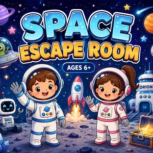 Może przedstawiać: Pudełko gry Space Escape Room z dwoma astronautami w białych skafandrach, małym robotem, rakietą i stacją kosmiczną Orion na powierzchni księżyca. Tekst głosi Space Escape Room oraz Ages 6+ na tle ciemnego, rozgwieżdżonego nieba.