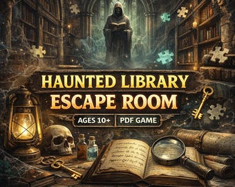 Salle d'évasion de la bibliothèque hantée pour adolescents | Jeux d'évasion imprimables Lite pour adolescents |  Jeu d'Activité Fête Mystère | Salle d'évasion facile 10+