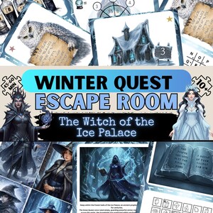 Puede incluir: Un juego de mesa llamado "Winter Quest Escape Room: The Witch of the Ice Palace" con ilustraciones de personajes de fantasía, un búho y un edificio cubierto de nieve. El juego incluye cartas y un libro con texto.