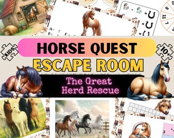 May include: A colorful printable escape room game for kids featuring horses. The game is titled "Horse Quest: The Great Herd Rescue".