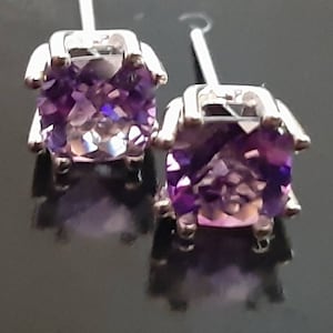 14K White Gold Deep Purple Amethyst, Amethyst Stud Earring, 2.6 Ct Amethyst Gemstone Stud, Cushion Amethyst Stud, (6.5 x 6.5 mm) 1.5 ct each