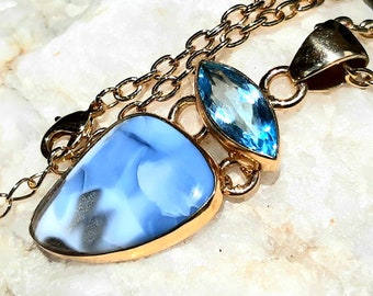 Australian Koroit Boulder Opal 18 cts.  BLUE topaz 6 cts Double Drop Pendant Set in Alchemia (Zero Karat Gold) 2.0 inch  Drop Length