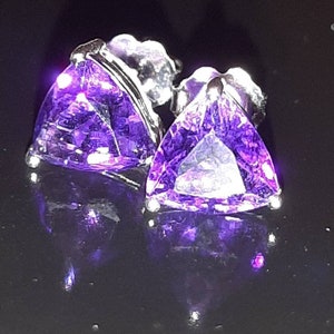 14K White Gold Deep Purple Amethyst Stud Earrings, Amethyst Gemstone Studs, Amethyst Trillan Cut Earrings,  (8.0 x 8.0 x 8.0 mm) 2 cts each