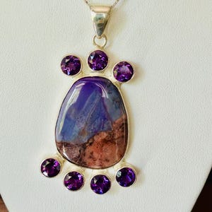 Sugilite Necklace, Large Sugilite Gemstone Sterling Silver Necklace, Violet Purple Blue Sugilite, Sugilite and Amethyst Gemstone 2 Inch Drop