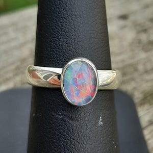 Australian Blue Opal Ring, Opal Ring, Fire Opal Ring Bezel Set 8 x 6mm, Fire Opal Gemstone Ring, Blue Purple Opal Sterling Silver Ring Sz 6