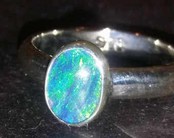 Australian Black Opal Ring, Fire Opal Triplet Ring, Size 8, Blue Green Opal 8 x 6, Bezel Set Opal Ring, Fire Opal Solid Silver Setting