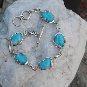 Vintage Marahlago Larimar Bracelet, Marahlago Designer Bracelet, 5 Beautiful Oval Larimar Gemstones, Larimar and Diamonds in Sterling Silver