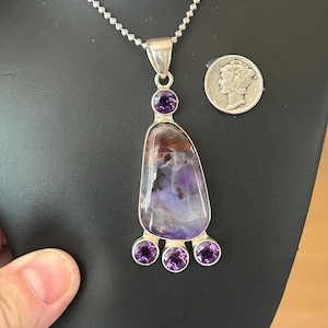 Sugilite Necklace, Large Sugilite Gemstone Sterling Silver Necklace, Violet Purple Blue Sugilite, Sugilite and Amethyst Gemstone 2 Inch Drop