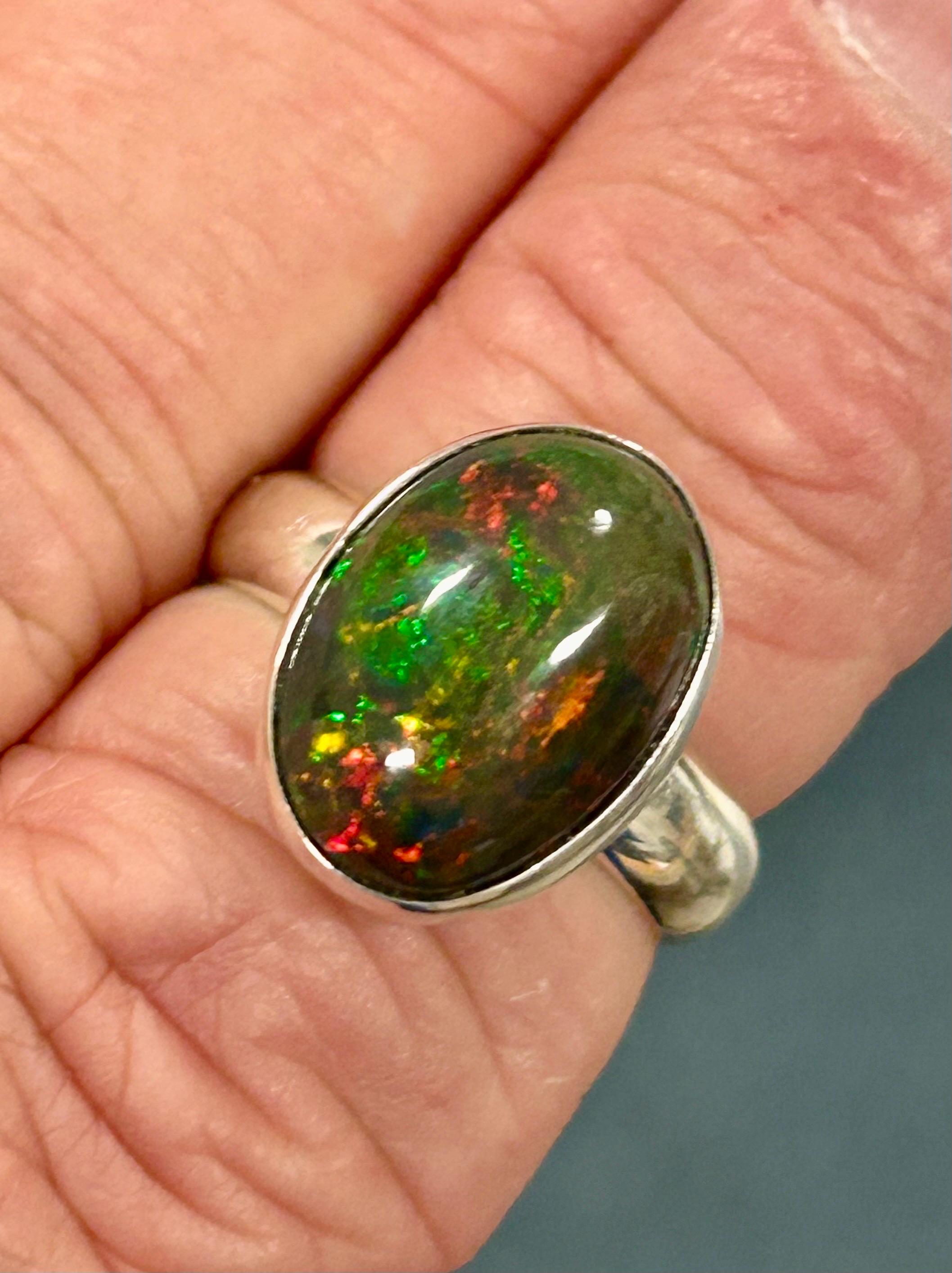 Black Opal Ring, Large Black Opal Ring, Firey Black Opal 3ct Silver Ring, Natural High Dome Black Opal, Red Green Flashing Black Opal Sz 7.5