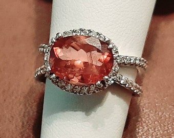14K Peach Fuzz Pink Tourmaline Ring, Pink Peach Fuzz Tourmaline w Diamond Ring, 14K White Gold Peach Fuzz Pink Tourmaline Diamond Ring, Sz 7