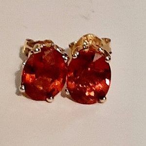 14K Gold Orange Garnet Stud Earrings, Exotic Orange Garnet Gemstone Studs, (8 x 6) Oval Scroll Work Earring, Detailed Tulip Scroll Earring