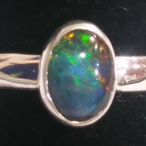 Australian Black Opal Ring, Fire Opal Triplet Ring, Blue Green Opal 8 x 6, Bezel Set Black Opal Ring, Fire Opal Solid Silver Setting