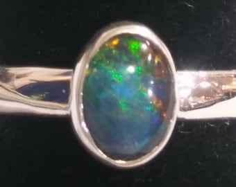Australian Opal Ring, Opal Sterling Silver Ring, Flashy Bezel Set Opal, Solid Sterling Set Opal Ring, AAA Opal Ring, Fire Opal Ring, Opal