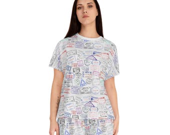 パスポートスタンプ柄パジャマセット、女性用旅行テーマのナイトウェア