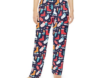 Pantalon de pyjama d'hiver pour femme - Patin à glace festif, moufles à imprimé flocon de neige, vêtements de nuit cosy, cadeau des fêtes, style vintage, 100 % polyester