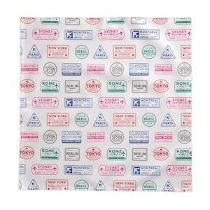 May include: Square white fabric featuring a repeating pattern of travel stamps. The stamps, in various colours, display city names such as Sydney, Paris, and Tokyo, alongside airplane and star motifs. Measurements are not applicable.