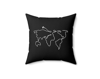Minimalistische wereldkaart sierkussen met vliegtuigontwerp - zwart-wit Wanderlust-reisdecor voor thuis of cadeau - kussen van gesponnen polyester