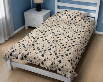 Winter Forest Velveteen Plush Blanket – Snowy Trees, Starry Night