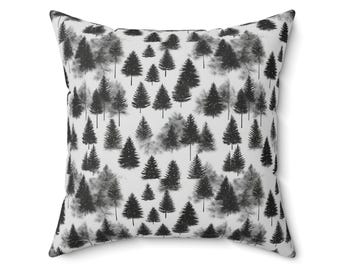 Cojín decorativo con diseño de bosque en blanco y negro: diseño minimalista de hoja perenne, acogedor detalle decorativo para el hogar, impresión a doble cara, funda de poliéster