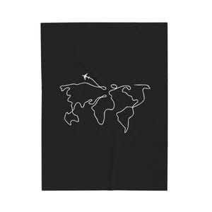 Minimalist World Map Travel Blanket Black and White Line Art with Airplane Design  Cozy Gift for Travelers and Geographers, 3 Sizes