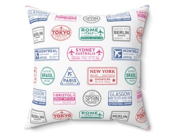 Travel Passport Stamps Pillow – Neon City Pop Art, Wanderlust Decor
