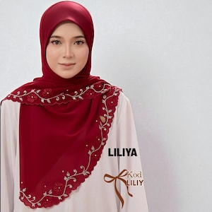 Elegant Square Hijab Scarf featuring Hand-Embroidered Flowers - Premium Malaysian Chiffon Headscarf