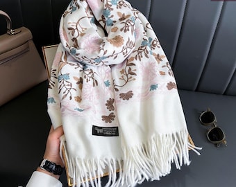 Embroidered Winter Scarf : Luxury Handmade Cashmere Pashmina Blend Shawl