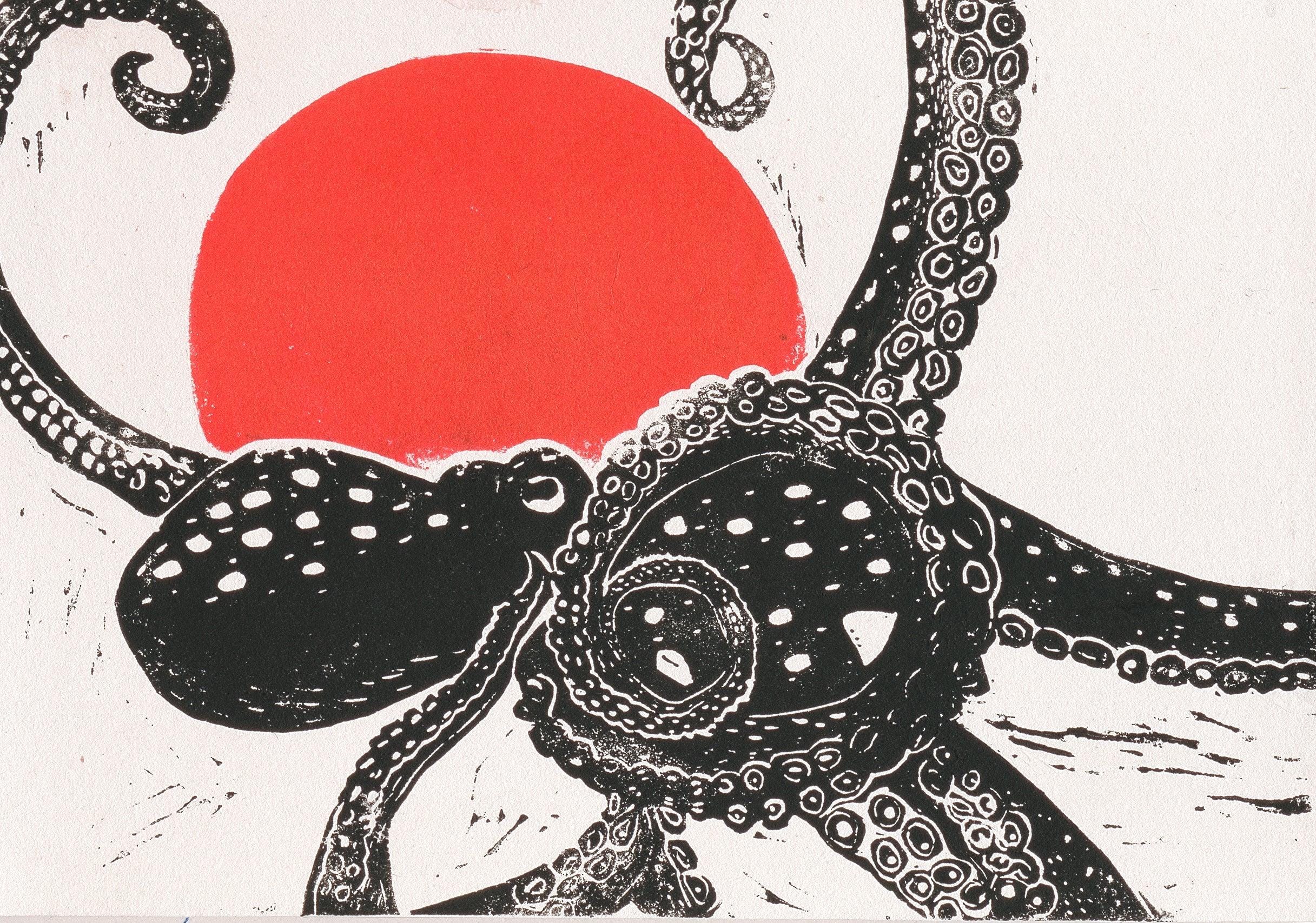 Octopus Lino Print Red and Black Relief Print on Rice Paper - Etsy