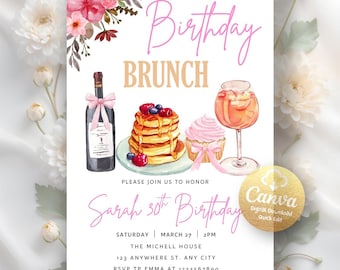 Brunch Birthday Invitation, Birthday Brunch Invite, Floral Brunch Invitations, Birthday Brunch Digital Download, Editable Canva Template