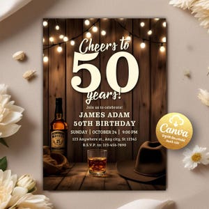 Invitación de cumpleaños editable con whisky, invitación de cumpleaños para hombres adultos, cumpleaños de 30, 40 y 50 años para cualquier edad, fiesta sorpresa, plantilla editable de Canva
