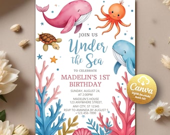 Oneder the Sea Birthday Invitation, Under the Sea Invite, 1st Birthday, Ocean Animals Girls Under the Sea Invite, Editable Canva Template