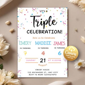 Editable Sibling Birthday Invitation, Triple Birthday Invitation, Triple Combined Twins Invitation, Joint Birthday, Editable Canva Template