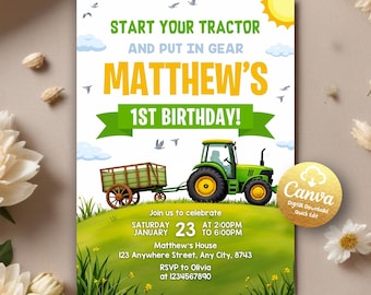 Editable Tractor Birthday Invitation, Tractor Invitation, Green Tractor Birthday Invitation, Printable Tractor Birthday Party Canva Template