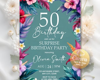 Hawaii Birthday Invitation, Luau Birthday Invitation, Aloha Party, Tropical Flowers Birthday Invite Digital Template Editable Canva Template