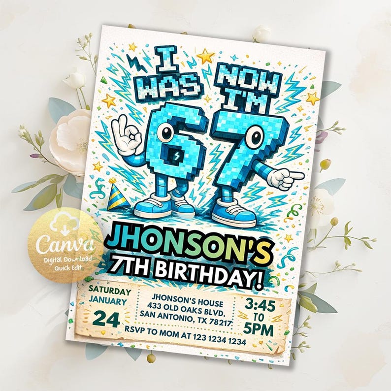 Six Seven Meme Birthday Invitation, 7th birthday invite boy, I Was 6 Now I’m 7 birthday invite, Retro gaming style invitation, pixel meme
Birthday Invitation,party invitation,for boys,Bruh birthday,6-7 Birthday Invite,Six Seven Meme,7th birthday,Printable,editable,pixel meme art,Retro gaming style,I Was Now I m 67,Italian brainrot
retro gaming style,bruh birthday,italian brainrot,6-7 birthday invite,7th birthday,birthday invitation,editable,bruh you in invite,bruh birthday invite,6-7 meme invite
