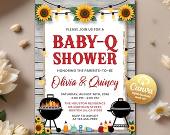 Uitnodiging voor BBQ-babyshower, achtertuin babyshower uitnodigen, baby-q babyshower, BBQ-babyshower, genderneutrale afdrukbare uitnodiging bewerkbare canva