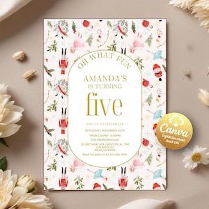 May include: A white invitation with a gold border and a Nutcracker theme. The invitation says "Oh What Fun Amanda's is Turning Five" and includes details for a birthday party. The background is a white pattern of Nutcracker characters, snowflakes, and Christmas trees.