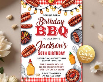 BBQ Birthday Invitation, Barbeque Birthday Invite, BBQ Invite, Barbecue Grill Invite Backyard Party Printable Invite Editable Canva Template