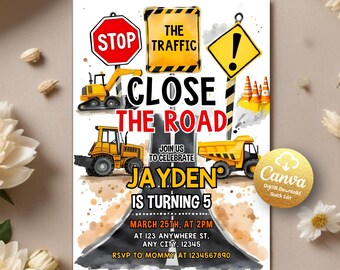 Construction Invitation, Construction Birthday Invitations, Dump Truck Party Invite, Construction Party, Printable Editable Canva Template