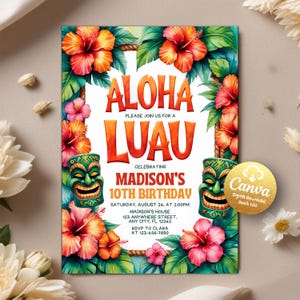 Invitación a fiesta tropical Aloha, invitación de cumpleaños luau, fiesta hawaiana, invitación luau, fiesta hawaiana de verano, plantilla editable de Canva
