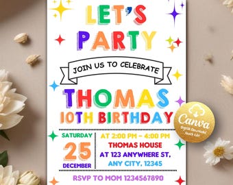 Simple Colorful Birthday Invite, Let's Party Invitation, Bright and Cheerful Party, Birthday Printable Invitation, Editable Canva Template