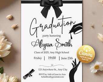 Graduation Party Invitation, Graduation Invitation, Bow Graduation Party Invitation, Graduate Party Printable Invite Editable Canva Template