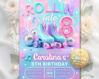 Rollin Into 8 Birthday Invitation, Glow Roller Skating Party, Printable Pink Purple Girl Kids Skate Birthday Invite, Editable Canva Template