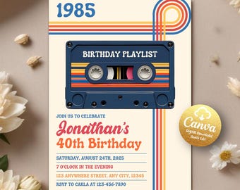 May include: A retro-themed birthday party invitation with a cassette tape graphic. The invitation features the text "1985", "Birthday Playlist", "Jonathan's 40th Birthday", "Saturday, August 24th, 2025", "7 O'Clock in the Evening", "123 Anywhere Street, Any City, 12345", and "RSVP to Carla at 123-456-7890".